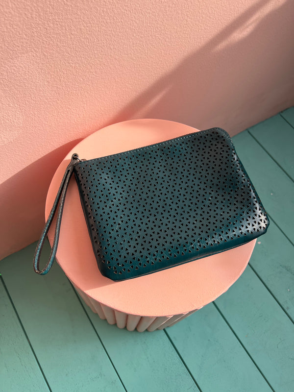 PATRICIA NASH Perforated Leather Wristlet Clutch Bag Dark Teal