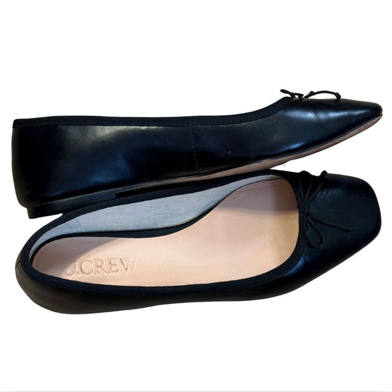 J. CREW Quinn Square-toe Ballet Flats Leather Black $168 GUC 7.5