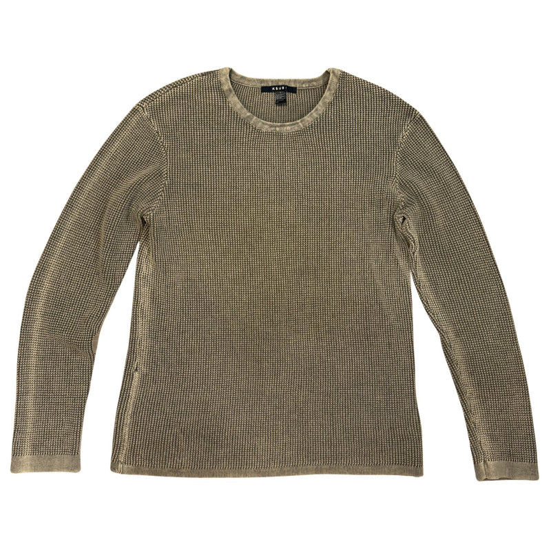 KSUBI Vintage Green Acid Washed Waffle Knit Sweater $260 EUC L