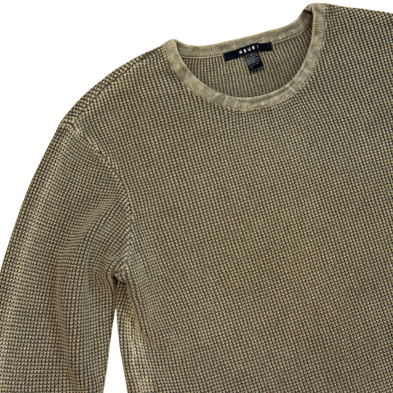 KSUBI Vintage Green Acid Washed Waffle Knit Sweater $260 EUC L