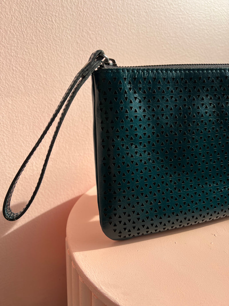 PATRICIA NASH Perforated Leather Wristlet Clutch Bag Dark Teal