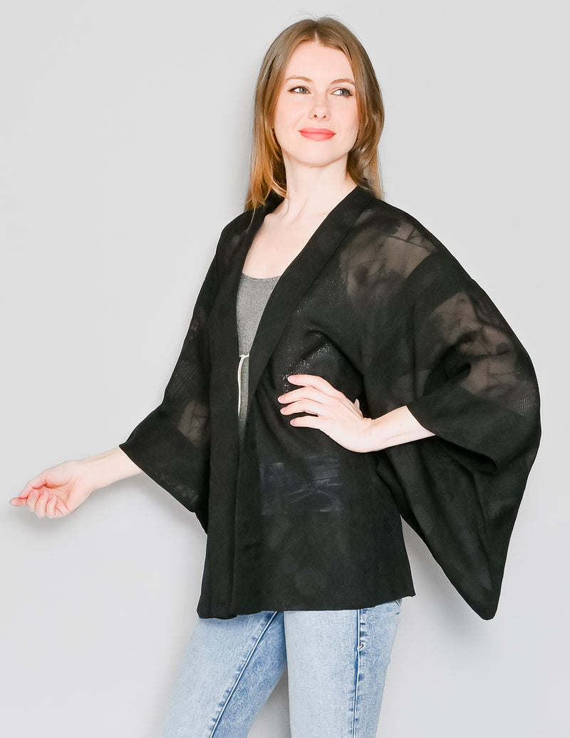 VINTAGE Sheer Black Floral Kimono Sleeve Jacket