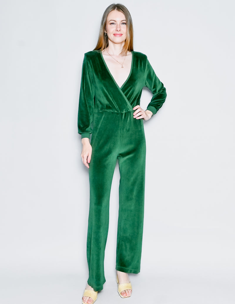 SUZIE KONDI V-Neck Jumpsuit in Emerald Green Velour (XS)