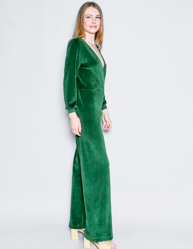 SUZIE KONDI V-Neck Jumpsuit in Emerald Green Velour (XS)