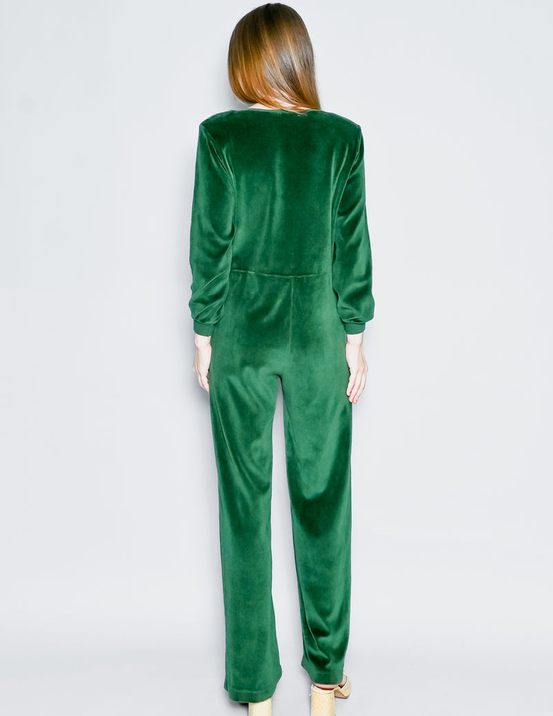 SUZIE KONDI V-Neck Jumpsuit in Emerald Green Velour (XS)