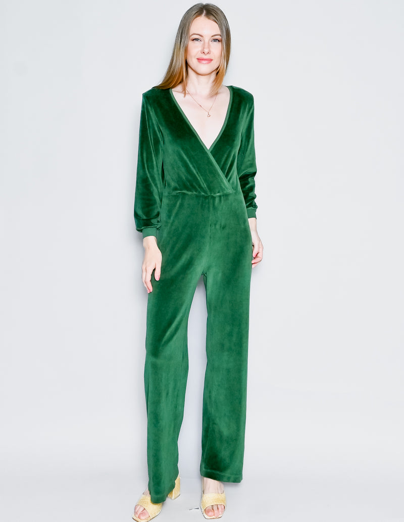 SUZIE KONDI V-Neck Jumpsuit in Emerald Green Velour (XS)