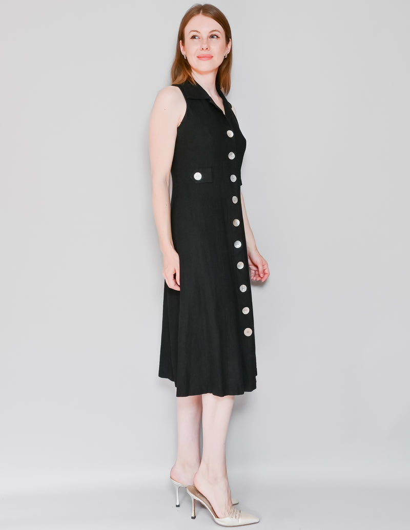 VINTAGE 90s Black Linen Mother of Pearl Button Midi Dress