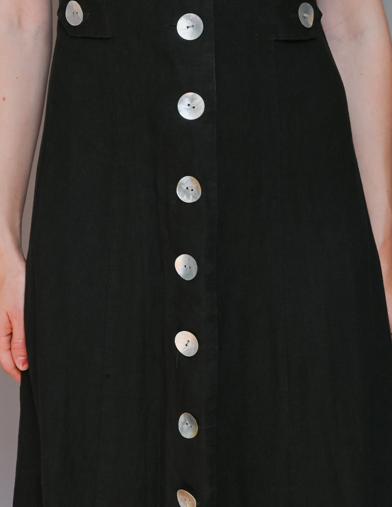 VINTAGE 90s Black Linen Mother of Pearl Button Midi Dress