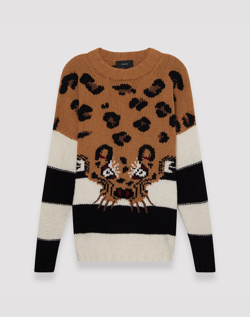 JOSEPH Leopard Knit Round Neck Jumper Sweater Tiger Combo NWT XS Cashmere Wool