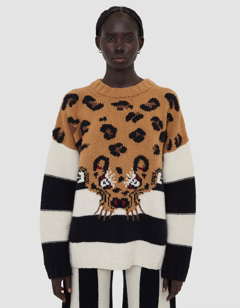 JOSEPH Leopard Knit Round Neck Jumper Sweater Tiger Combo NWT XS Cashmere Wool