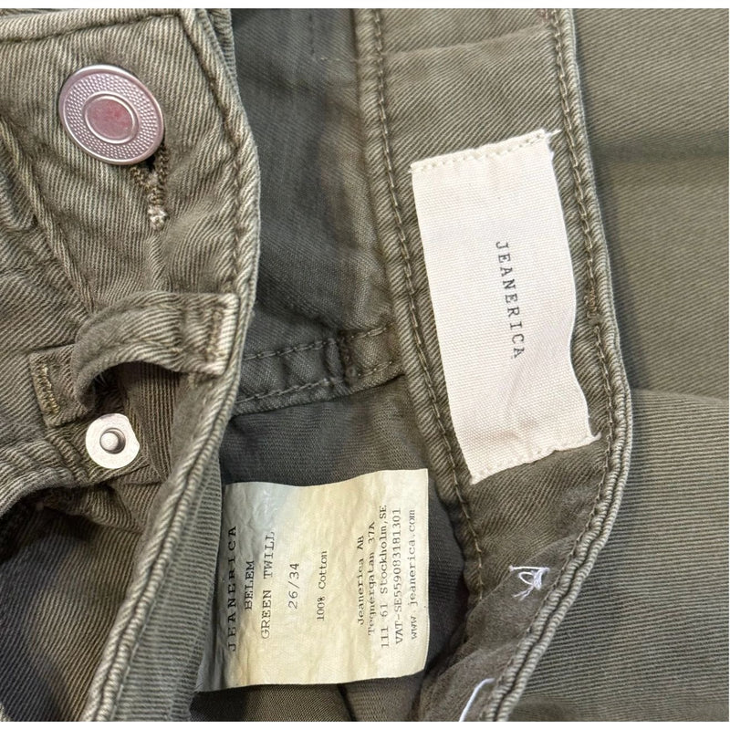JEANERICA Belem Khaki Green Twill Loose Fit Pants $300 EUC Sz 26 x 34