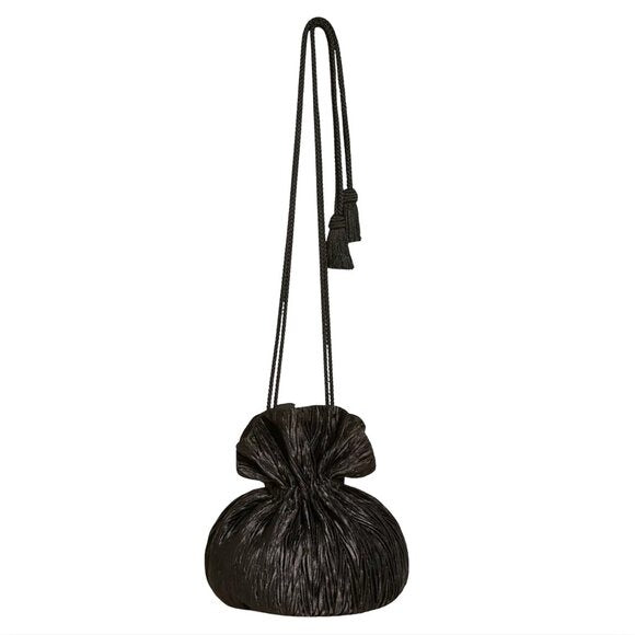 581. REFORMATION Aphrodite Black Plisse Satin Pleated Pouch Bag Evening $228 EUC