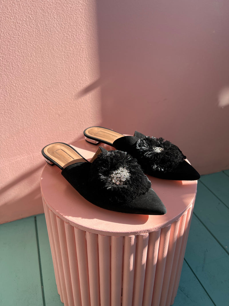 AQUAZZURA Crystal Lotus Pointed Toe Black Leather Flats 38