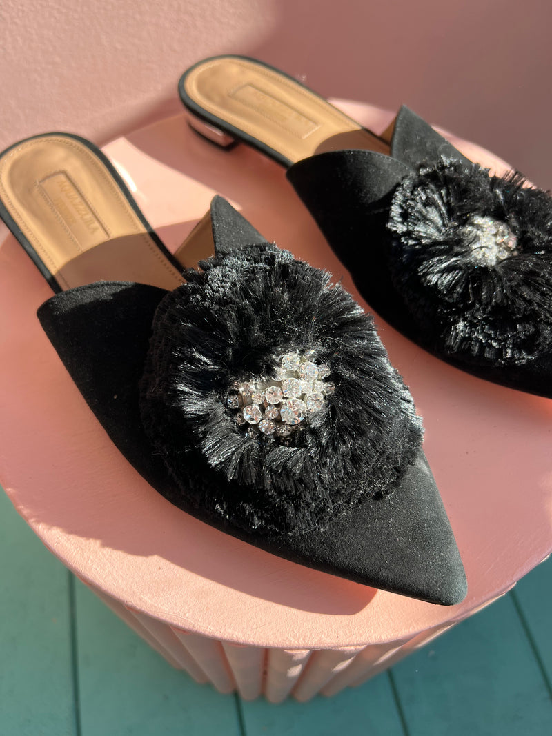 AQUAZZURA Crystal Lotus Pointed Toe Black Leather Flats 38