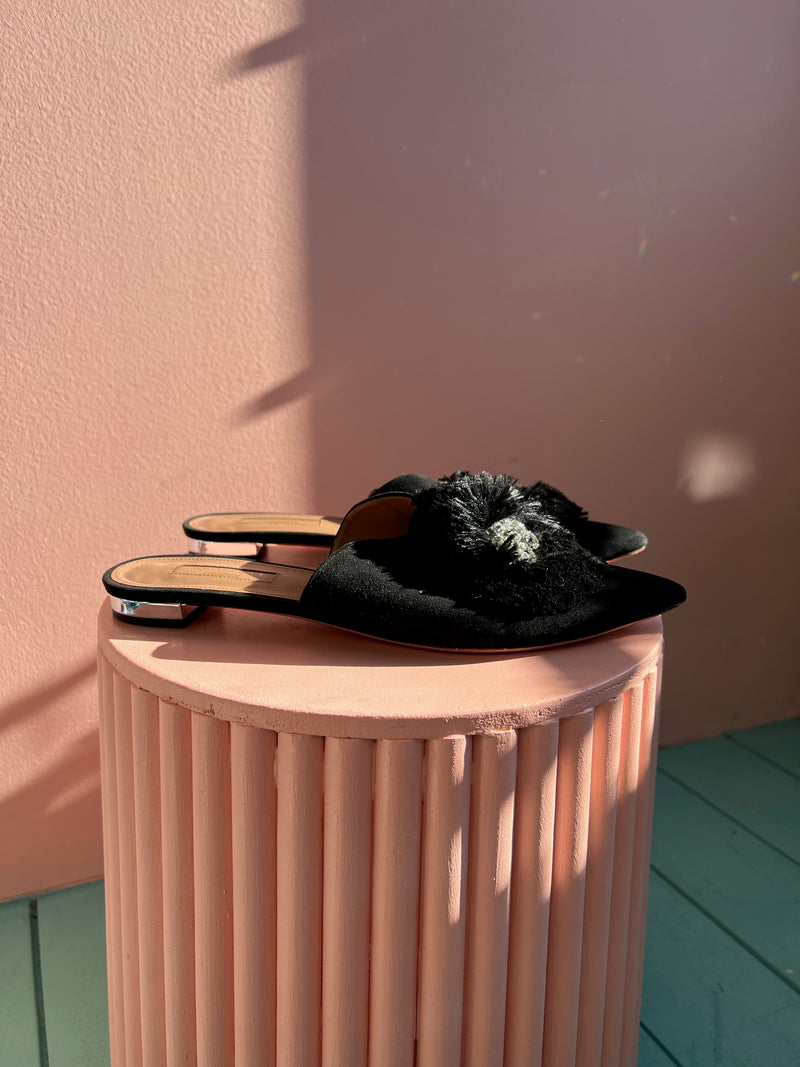 AQUAZZURA Crystal Lotus Pointed Toe Black Leather Flats 38