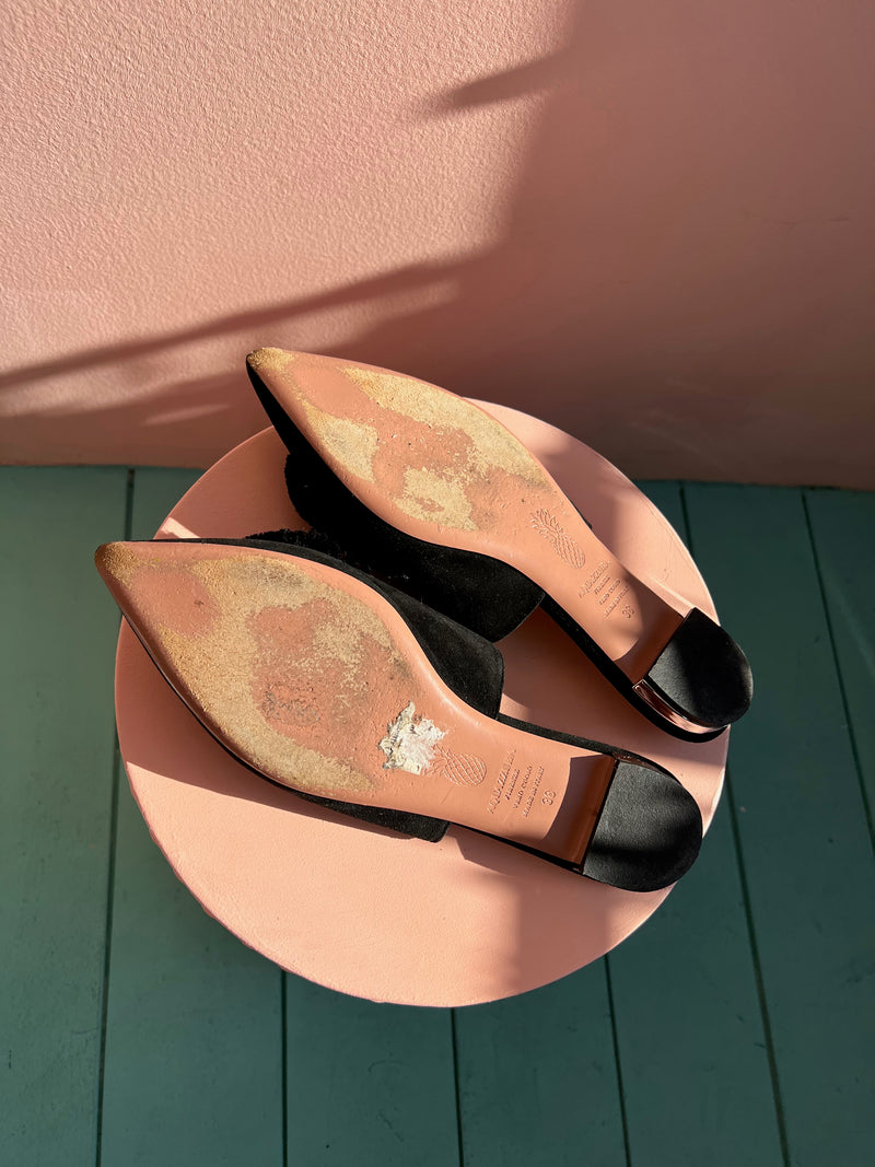 AQUAZZURA Crystal Lotus Pointed Toe Black Leather Flats 38