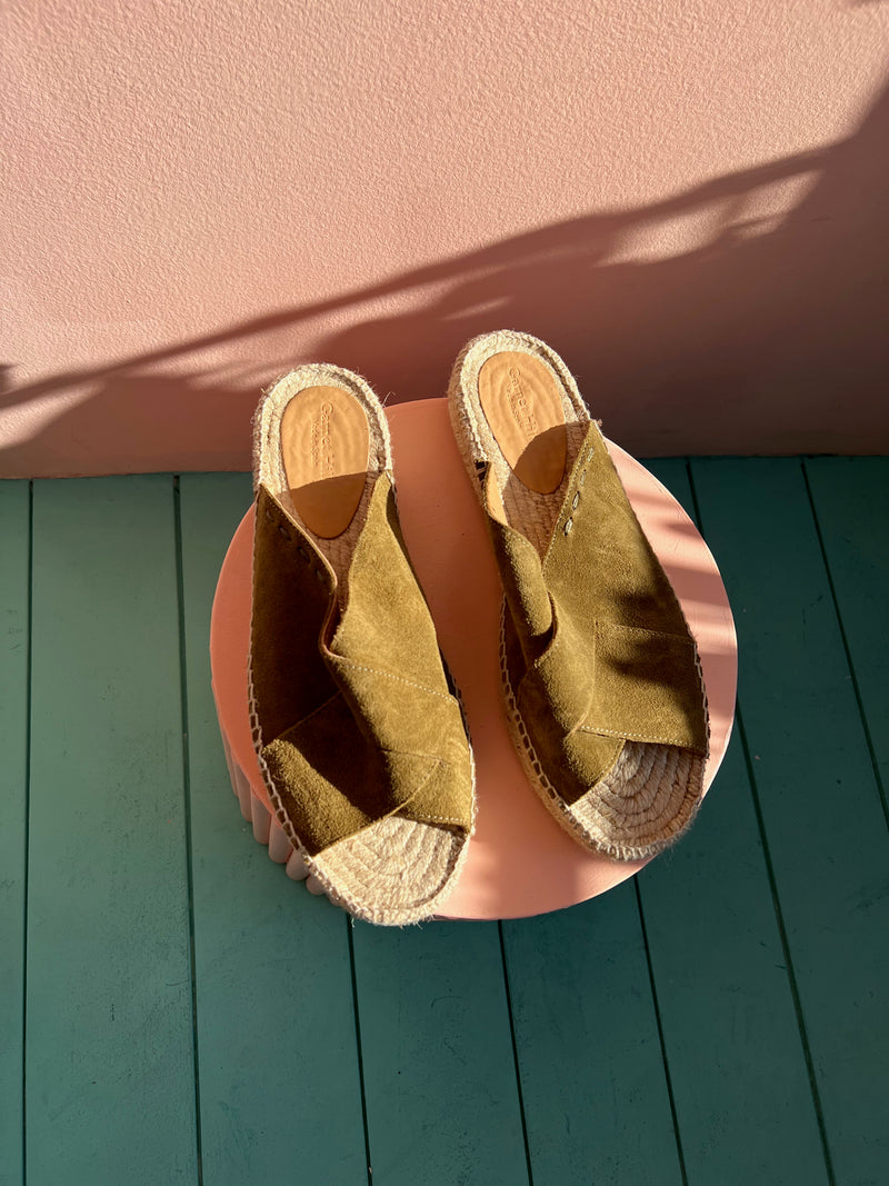 GARNET HILL Leather Olive Espadrille Open Toe Mule Sandals 40