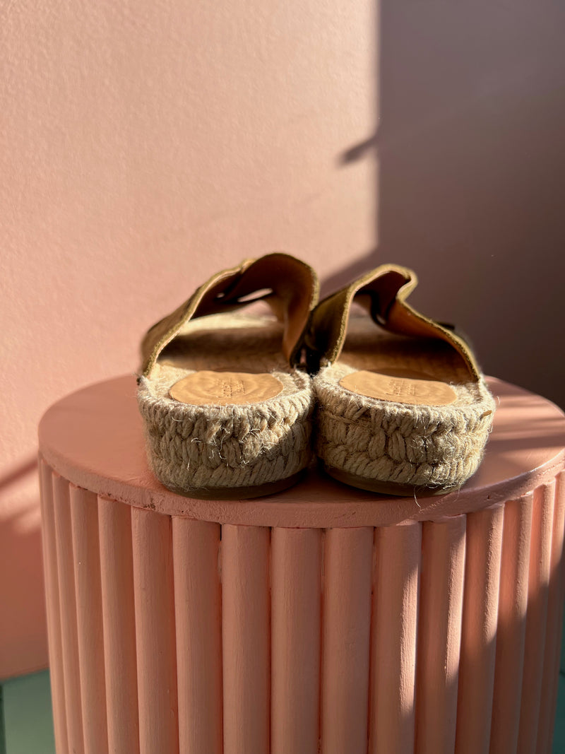 GARNET HILL Leather Olive Espadrille Open Toe Mule Sandals 40