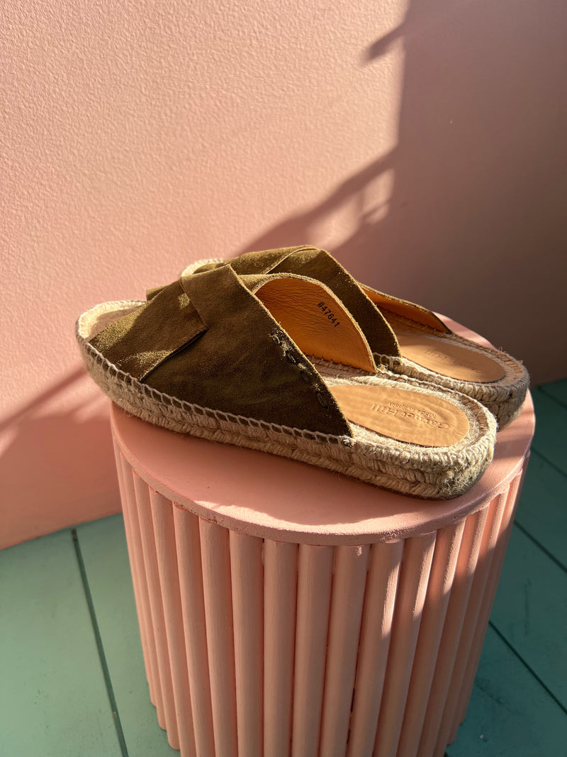 GARNET HILL Leather Olive Espadrille Open Toe Mule Sandals 40