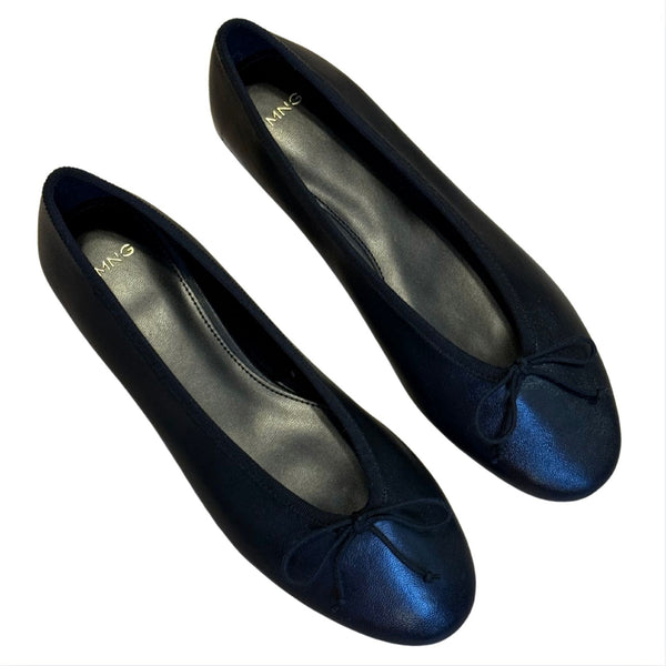 MANGO MNG Leather Black Ballet Flats Bow $90 NWOB 39 8.5