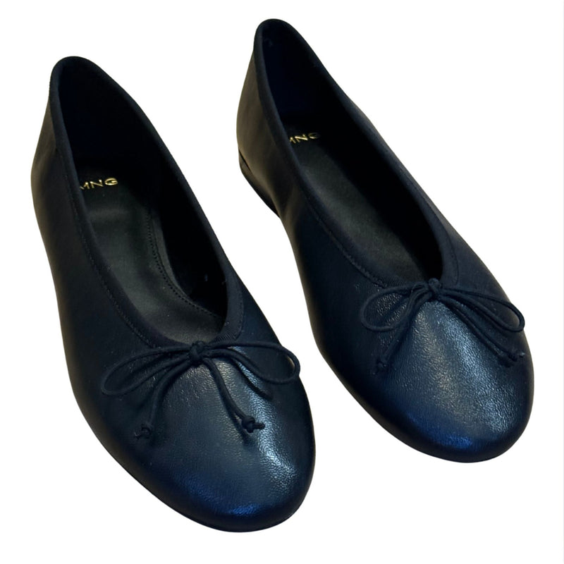 MANGO MNG Leather Black Ballet Flats Bow $90 NWOB 39 8.5