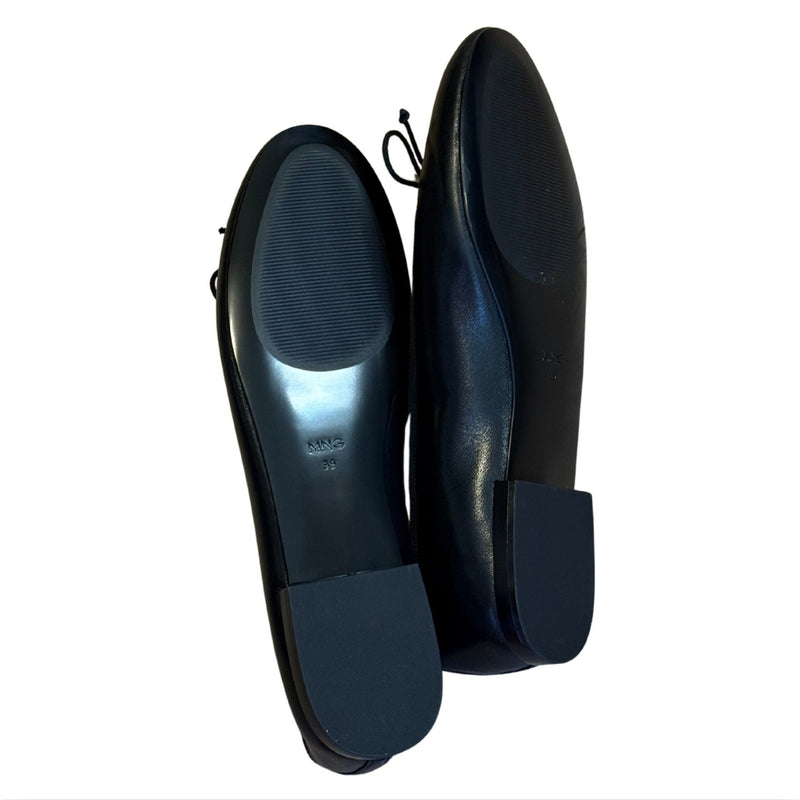 MANGO MNG Leather Black Ballet Flats Bow $90 NWOB 39 8.5