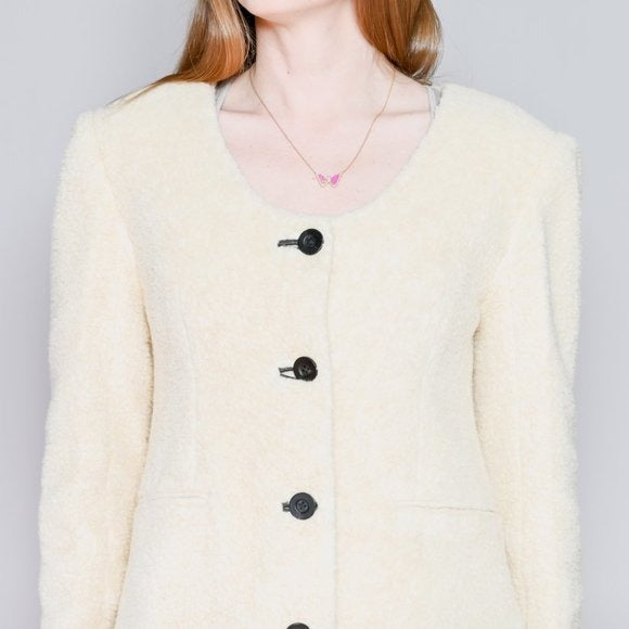 439. GIA STUDIOS Ivory Cream Collarless Sherpa Coat Small