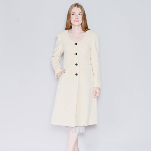 439. GIA STUDIOS Ivory Cream Collarless Sherpa Coat Small