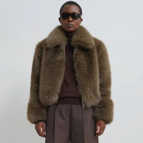 544. THE FRANKIE SHOP Sabrina Faux Fur Jacket in Khaki $399 NWT XS/S