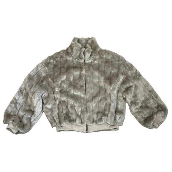481. THE FRANKIE SHOP Taupe Grey Brown Bomber Faux Fur Jacket EUC Small