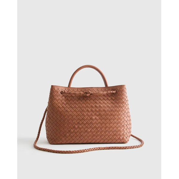 QUINCE Italian Leather Handwoven Satchel Cognac Large NWT $150