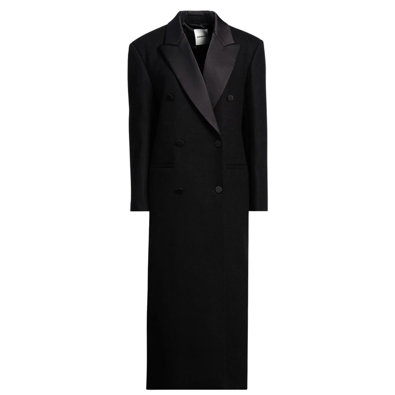 SANDRO Tuxedo Double Breated Black Satin Wool Coat $790 NWT Sz 36