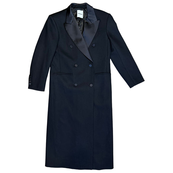 SANDRO Tuxedo Double Breated Black Satin Wool Coat $790 NWT Sz 36