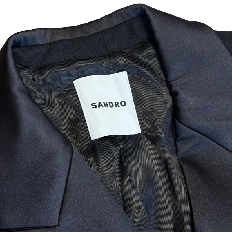 SANDRO Tuxedo Double Breated Black Satin Wool Coat $790 NWT Sz 36