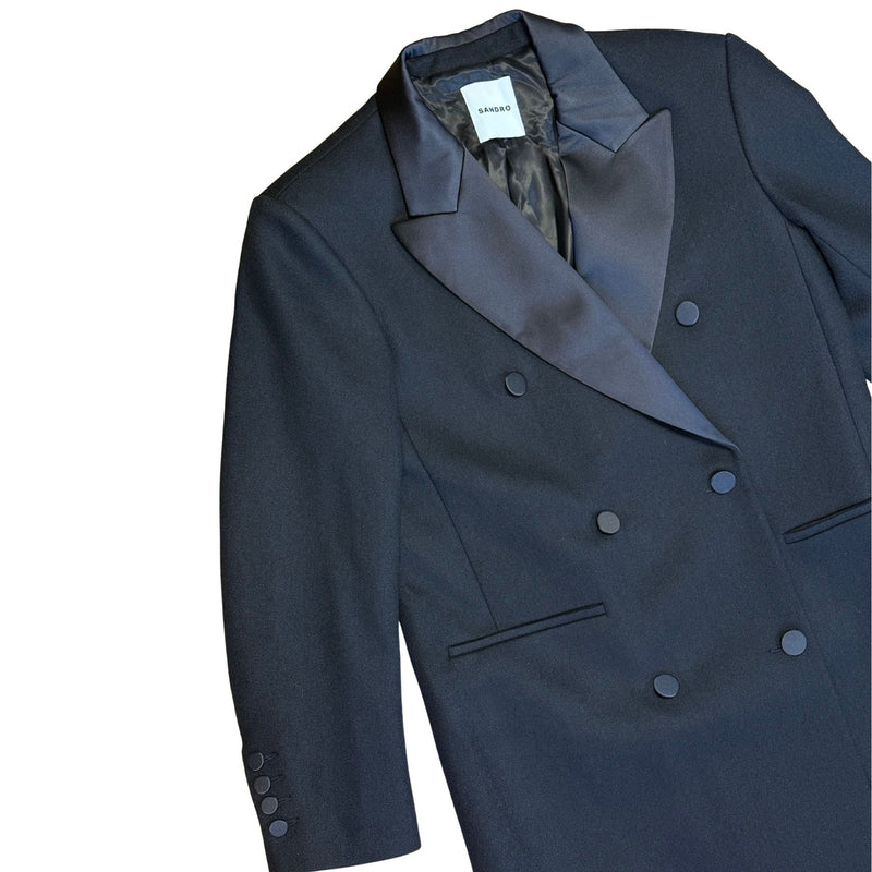 SANDRO Tuxedo Double Breated Black Satin Wool Coat $790 NWT Sz 36