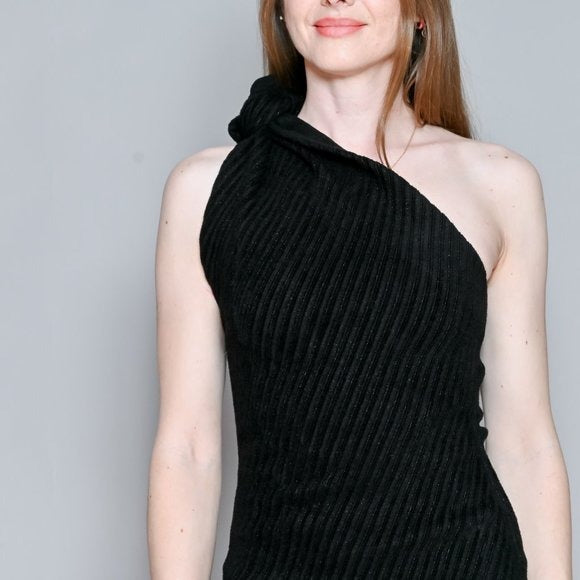 BRANDON MAXWELL Knotted One-Shoulder Ribbed-Knit Dress NWT M Fashion Without Trashin BRANDON MAXWELL Knotted One-Shoulder Ribbed-Knit Dress NWT M Fashion Without Trashin