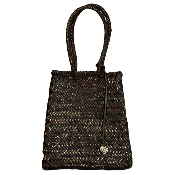 576. LIFFNER Flat Leather Basket Bag Dark Brown Silver Charm $395 NWOT