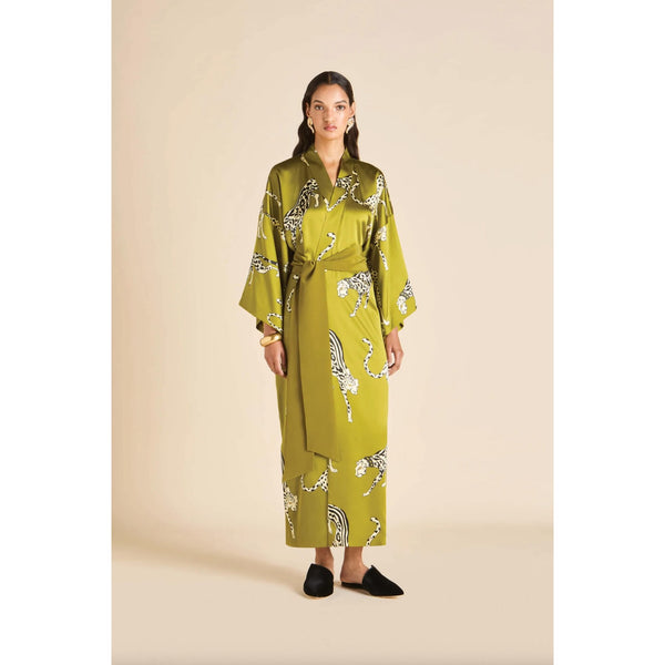 OLIVIA VON HALLE Queenie Chanson Green Leopard Robe Silk Satin NEW $1400 OS