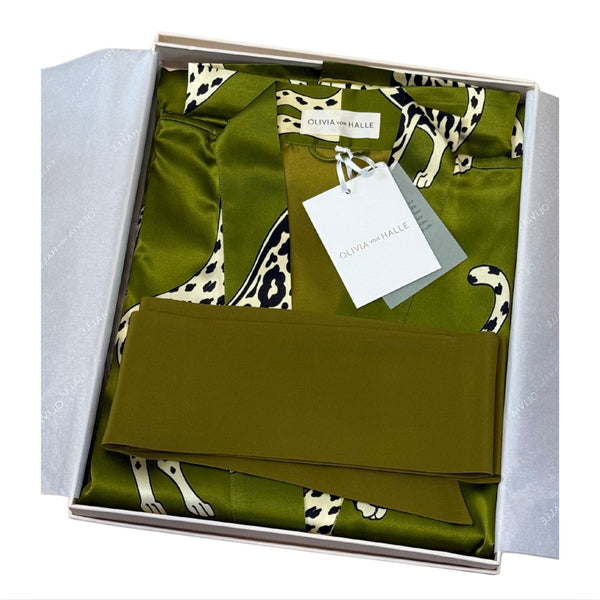 OLIVIA VON HALLE Queenie Chanson Green Leopard Robe Silk Satin NEW $1400 OS