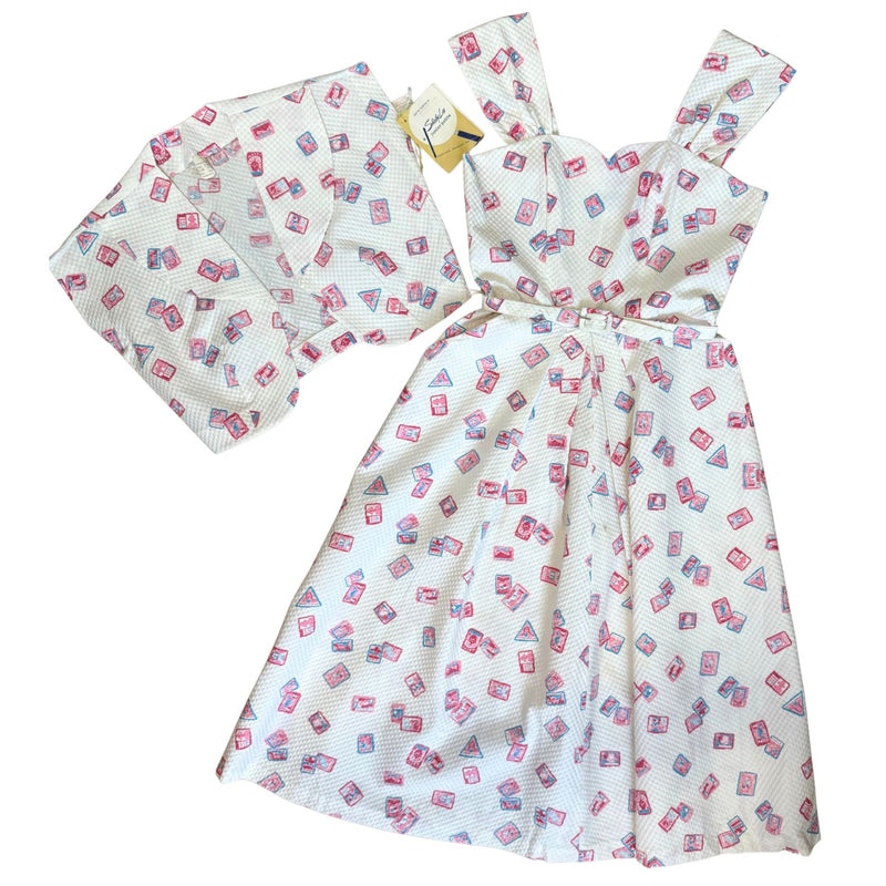 VINTAGE Shirley Lee Postage Stamp 50s White Textured Dress NWT