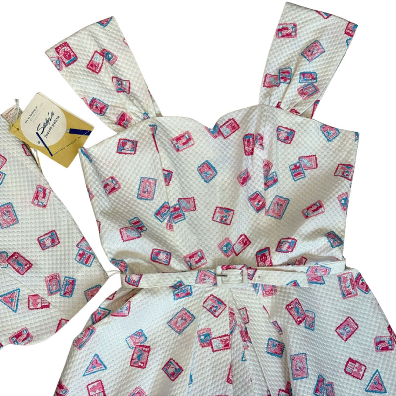 VINTAGE Shirley Lee Postage Stamp 50s White Textured Dress NWT