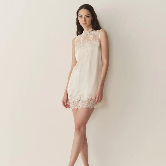 DOEN Valeria Silk Lace Mini Dress Sea Salt Off White $398 EUC Small
