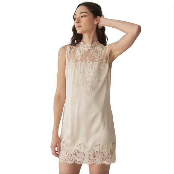 DOEN Valeria Silk Lace Mini Dress Sea Salt Off White $398 EUC Small