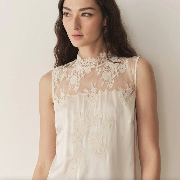 DOEN Valeria Silk Lace Mini Dress Sea Salt Off White $398 EUC Small