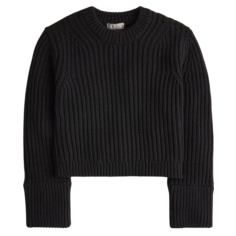 J. CREW Heritage Black Cotton Fisherman Crewneck Sweater $98 EUC S