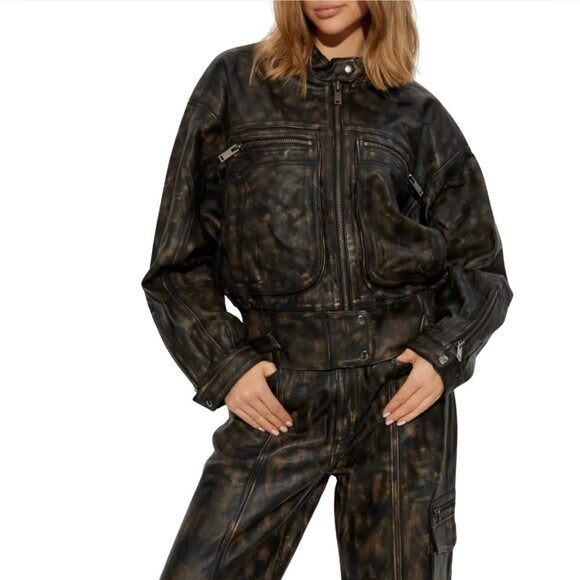 GESTUZ Lineragz Lamb Leather Jacket Black Brown $1469 NWT Sz 36 Small