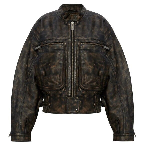 GESTUZ Lineragz Lamb Leather Jacket Black Brown $1469 NWT Sz 36 Small