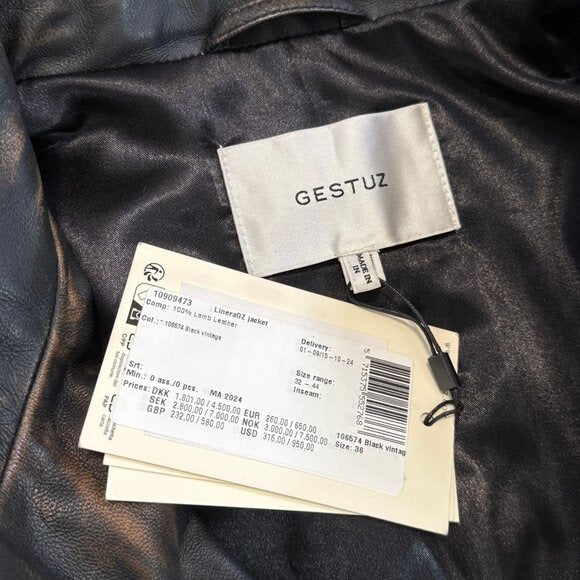 GESTUZ Lineragz Lamb Leather Jacket Black Brown $1469 NWT Sz 36 Small