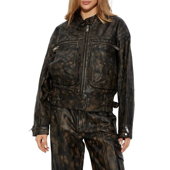 GESTUZ Lineragz Lamb Leather Jacket Black Brown $1469 NWT Sz 36 Small