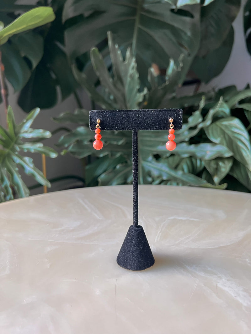 Vintage 14K Yellow Gold Coral 3 Bead Drop Earrings